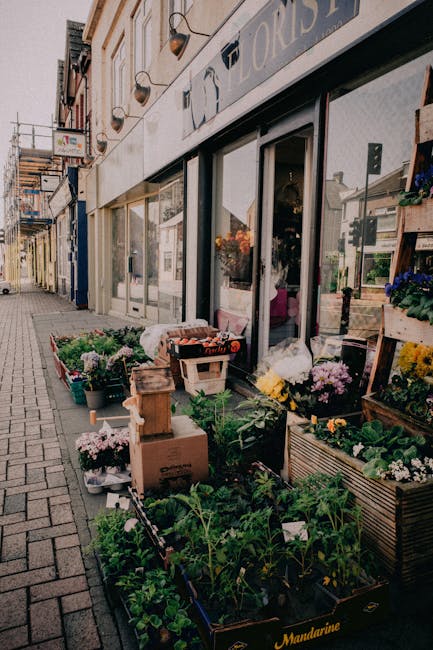 A shopfront on Chislehurst High Street displaying an array of potted plants, flowers, and garden supplies arranged on the pavement outside the store. The display includes various colourful flowers suc